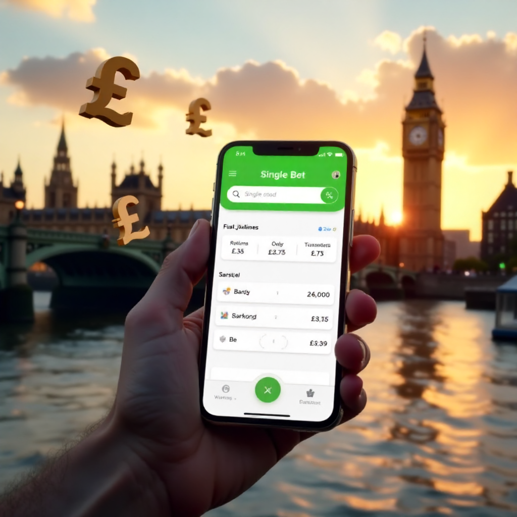 A hand holding a high-end smartphone displaying a professional Single Bet Calculator app with a clean white and emerald green interface, background is the London skyline with the Big Ben and Westminster Bridge at sunset, 3D golden British Pound symbols (£